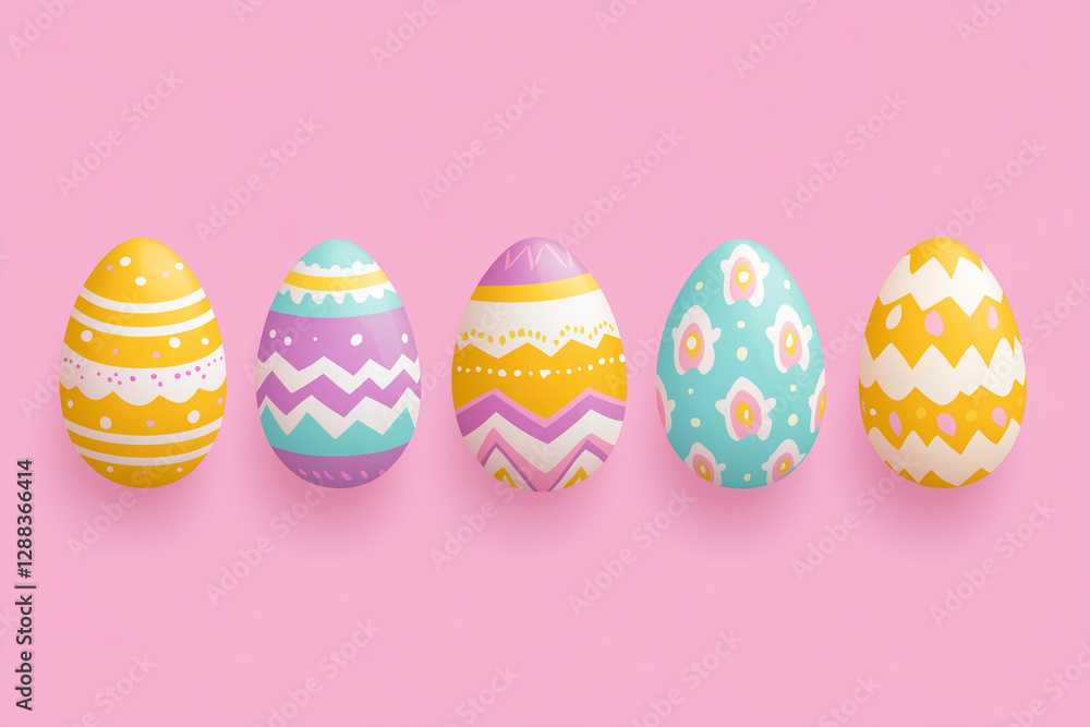 Poster ow of painted easter eggs with different colors and patterns. the eggs are arranged in a line and ar