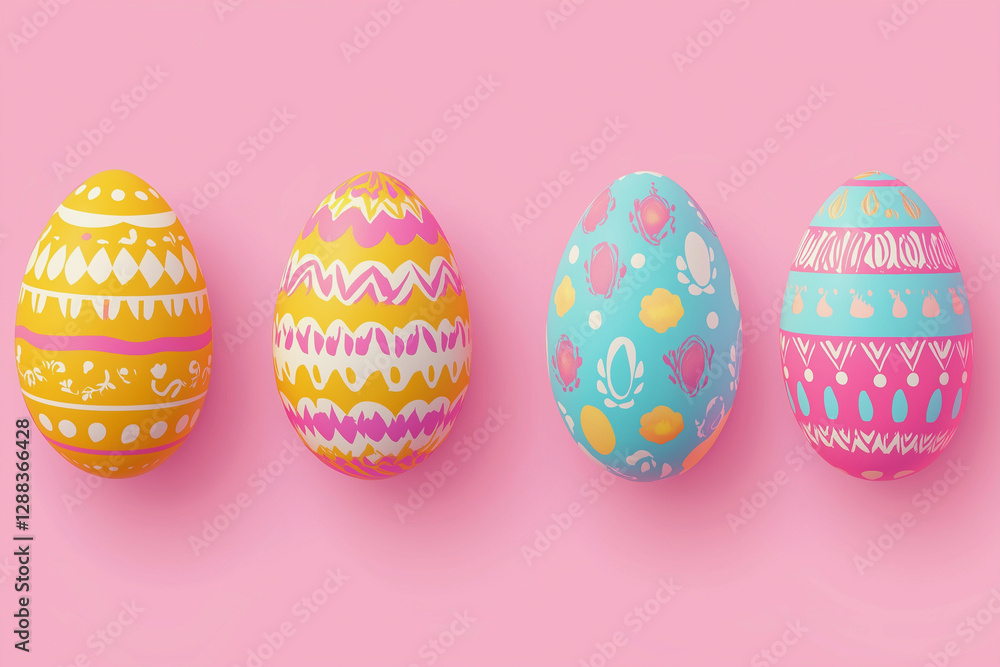 Poster four painted eggs with different colors and patterns. the eggs are arranged in a row on a pink backg