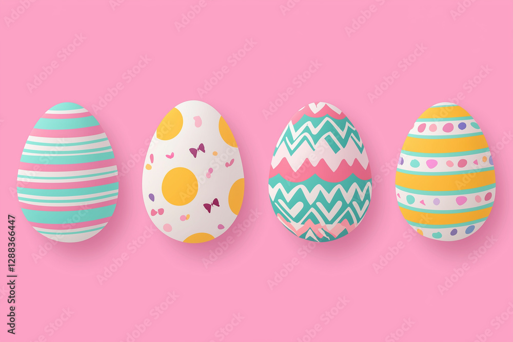 Poster four colorful eggs with different patterns and designs. the eggs are arranged in a row on a pink bac
