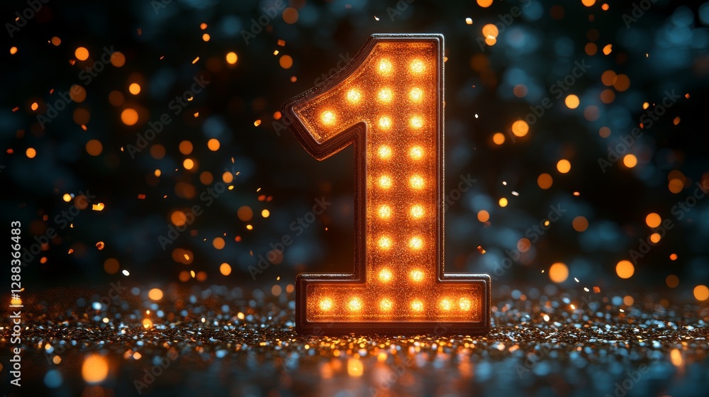 Poster illuminated number one with glowing lights and bokeh background in warm tones. celebration and achie