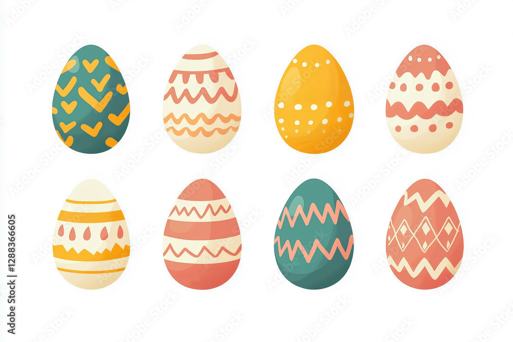 Poster set of colorful easter eggs with different patterns and designs. the eggs are arranged in a row and 