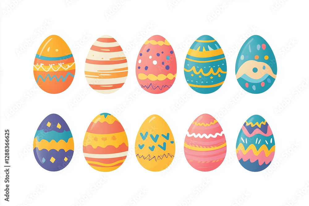 Poster set of colorful painted eggs with different designs and patterns. the eggs are arranged in a row, wi