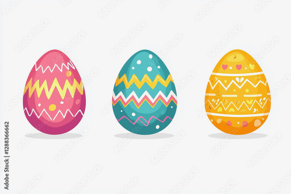 Poster three colorful eggs with a striped pattern. the eggs are in a row and are placed on a white backgrou