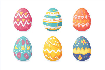 set of six colorful Easter eggs with different designs and patterns. The eggs are arranged in a row and are all different sizes. The eggs are decorated with various colors and patterns