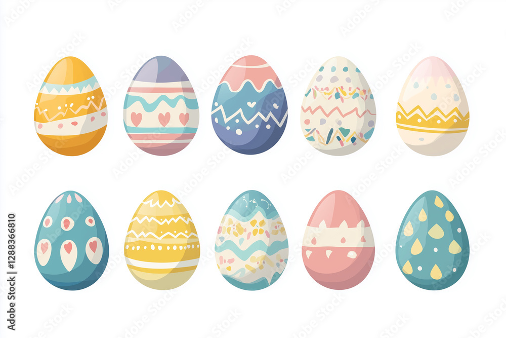 Poster set of colorful easter eggs with different designs and patterns. the eggs are arranged in a row, wit