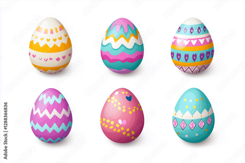 Poster set of six painted easter eggs with different colors and designs. the eggs are arranged in a row, wi