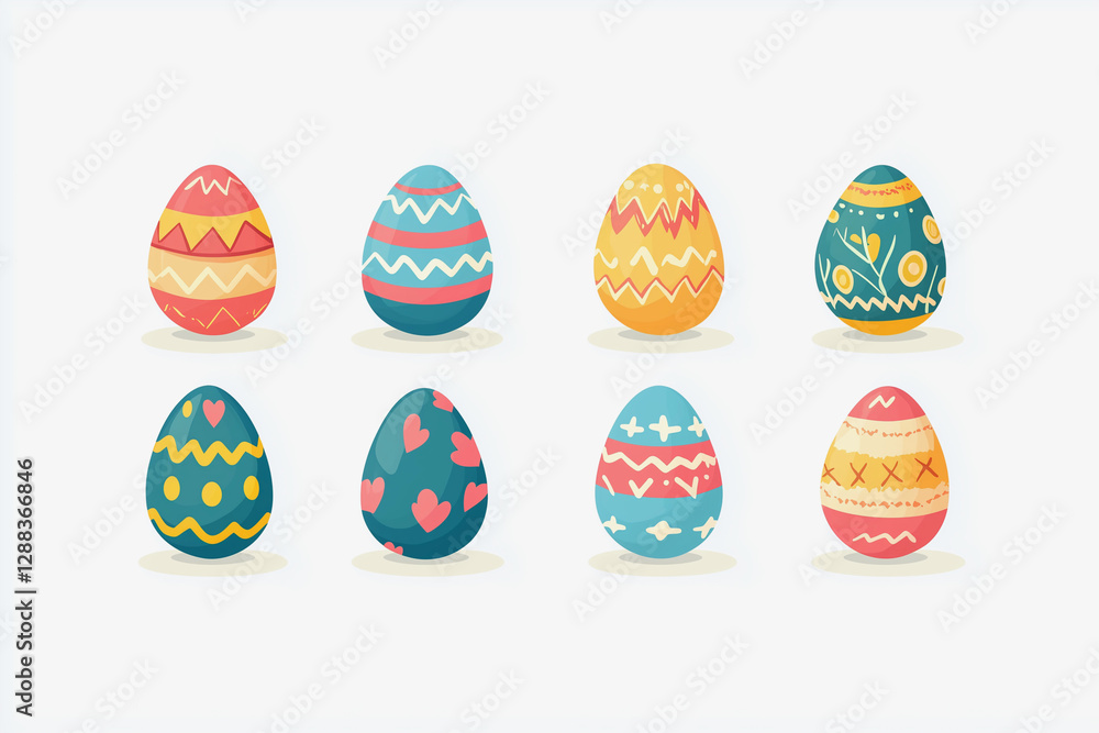 Poster set of colorful eggs with hearts and stripes on them. the eggs are arranged in a row and are all dif