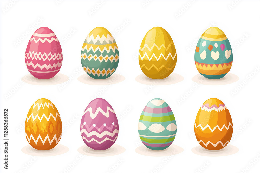 Poster set of colorful easter eggs with different patterns and designs. the eggs are arranged in a row, wit