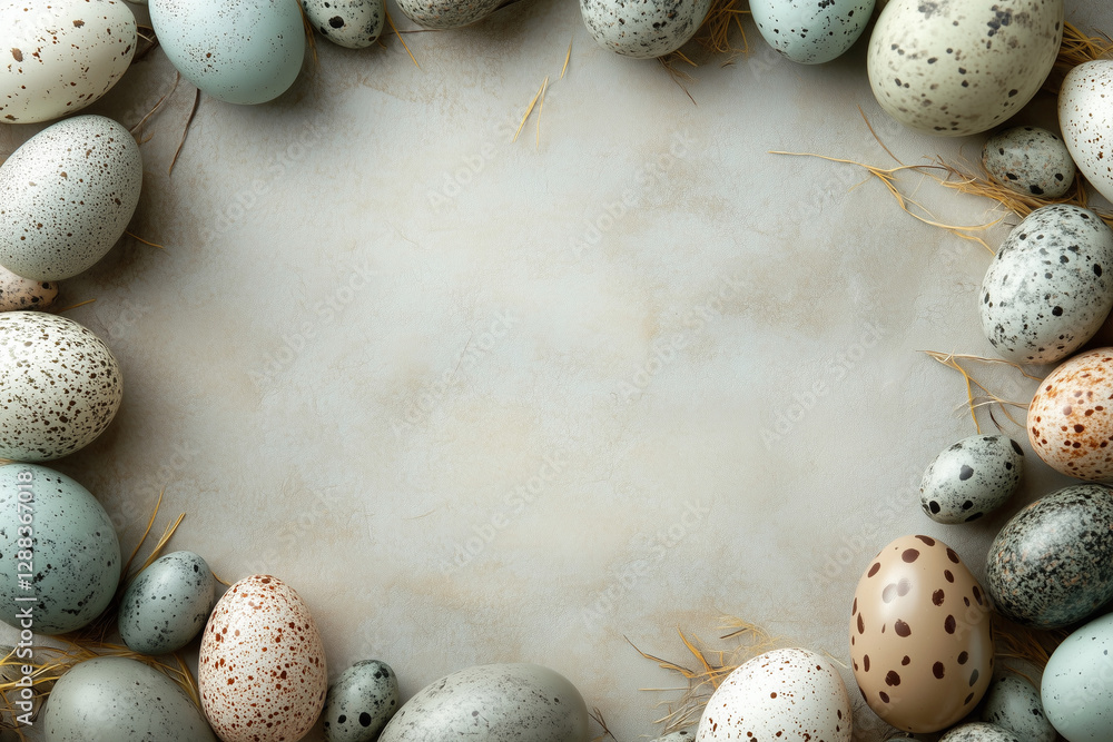 Poster bunch of eggs with spots and stripes are arranged in a circle. the eggs are of different sizes and c