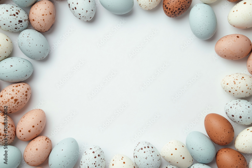 Poster bunch of eggs with different colors and spots. the eggs are arranged in a circle on a white backgrou