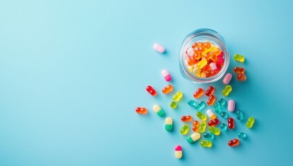 Colorful Gummies and Pills Spilled on Blue Background