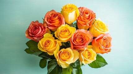 Obraz premium Bright yellow and orange roses in a bouquet against a pastel green background, overhead view