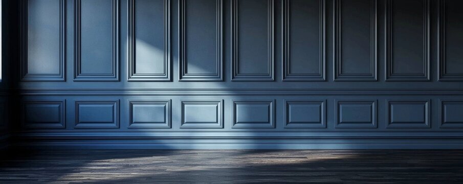 Dark Blue Wainscot Room Interior, 3D Render, Wood Floor, Wall, Blue, interior design, room design