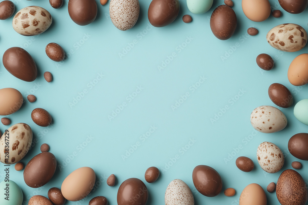 Poster blue background with a frame of chocolate eggs. the eggs are of different sizes and colors, and they