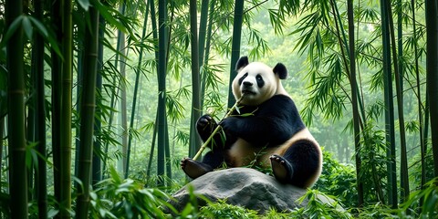 Obraz premium Serene Panda Eating Bamboo Leaves in a Peaceful, Mist-Covered Bamboo Grove
