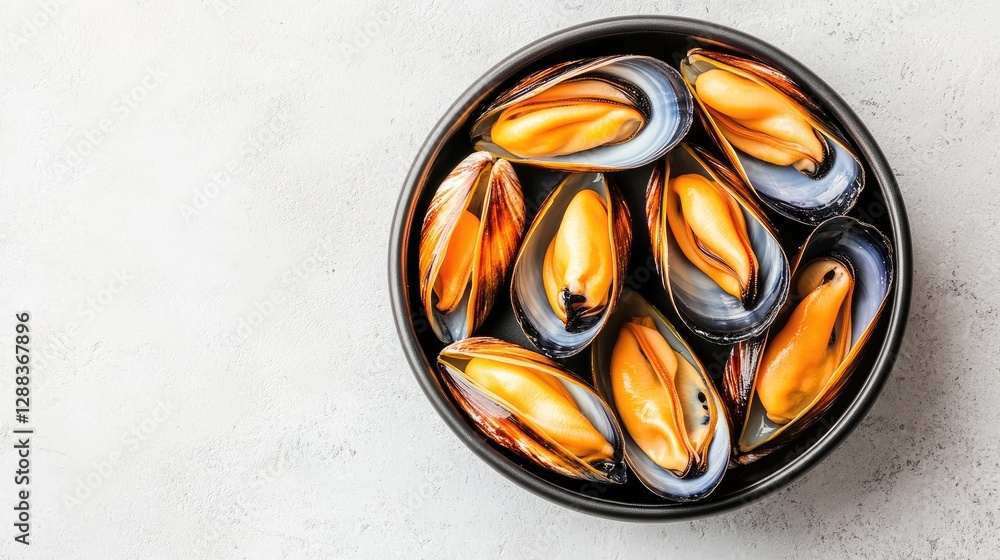 Poster a can of processed mussels on a clean counter with empty space around it, perfect for displaying pro