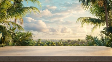Fototapeta premium Tropical Paradise Tabletop - Palm Tree View, Wooden Table, Summer Sky, tropical, paradise, vacation
