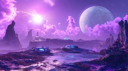 Fototapeta premium Futuristic alien landscape with glowing pink and purple clouds, otherworldly structures, and a distant planet. Lone figure and robotic companion exploring surreal terrain. Generative AI