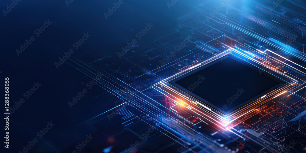 Poster high tech microchip with glowing circuits and blue background
