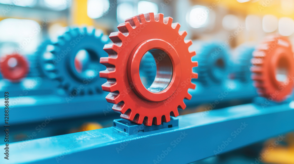 Poster red and blue gears on production line in factory setting