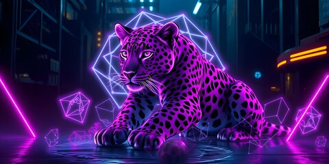 Purple neon leopard with geometric fractals and neon lights, casting shadows on an industrial setting