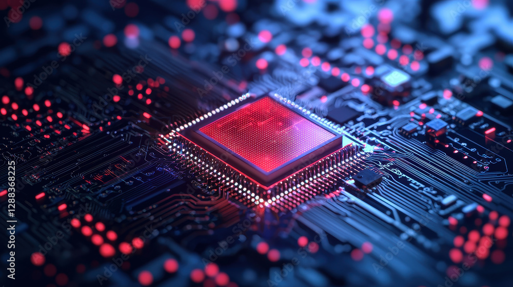 Poster high tech microchip on circuit board with glowing elements