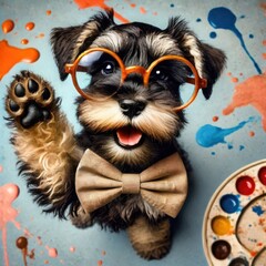 A cheerful puppy proudly wears round glasses and a stylish bow tie, waving a paw. Colorful paint splatters surround him, showcasing the fun of artistic expression in a vibrant studio