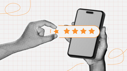 halftone collage, Creative 5-star rating concept with a modern digital touch. online reviews, customer feedback, and brand reputation to enhance trust and engagement