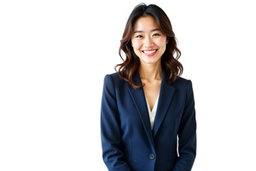 Professional businesswoman portrait. Smiling Asian woman in suit. Isolated on transparent background. Clean corporate headshot for website, presentation.