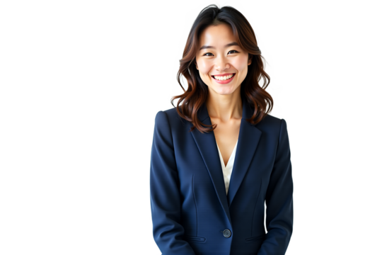 Professional businesswoman portrait. Smiling Asian woman in suit. Isolated on transparent background. Clean corporate headshot for website, presentation.