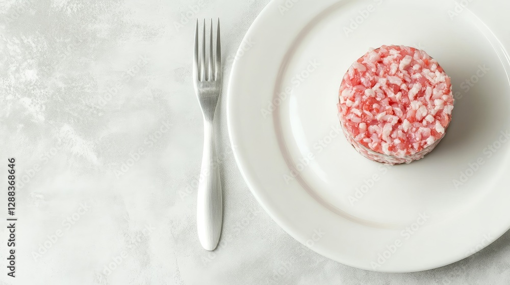 Poster a close-up of a can of processed tuna next to a fork and a clean white plate, with plenty of empty s