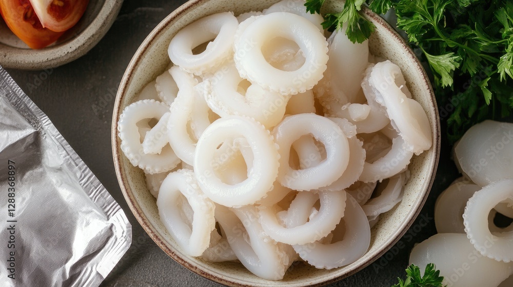Poster a close-up of processed squid rings in a bowl, next to an empty packet, perfect for showcasing the p