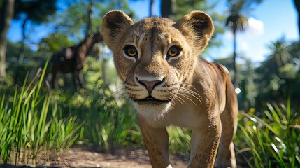 Naklejka premium Lioness Walking Through Tall Grass in Savanna under Clear Sky