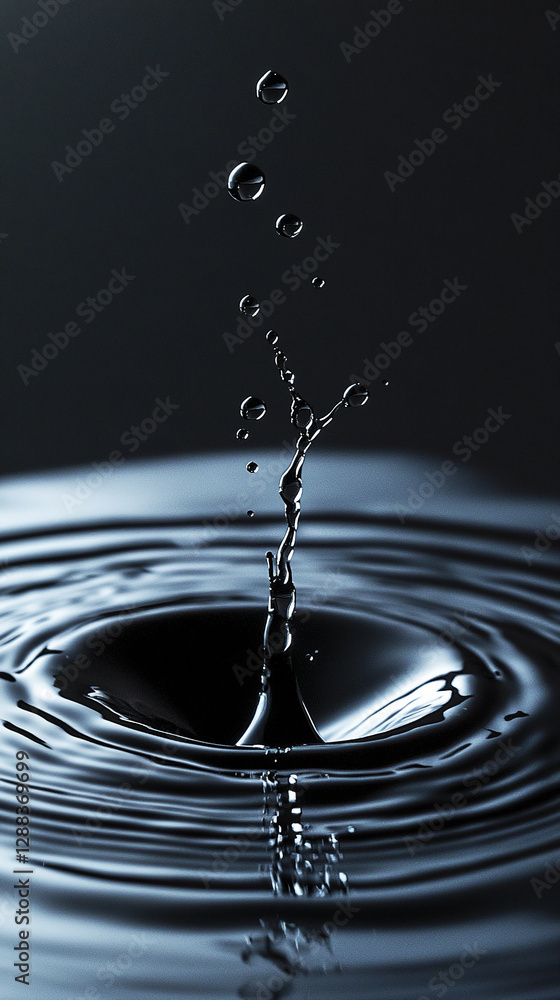 Poster close-up of water droplets splashing in a dark background, creating ripples on the surface. this ima