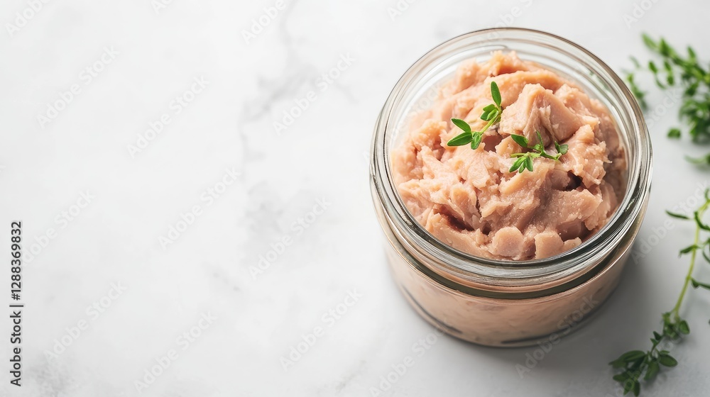 Poster a jar of processed tuna with the lid slightly open, ready to be used for recipes, surrounded by clea
