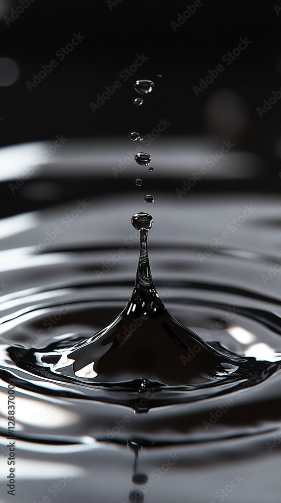 Poster close-up of water droplets creating a splash and forming a peak on the surface, showcasing liquid dy