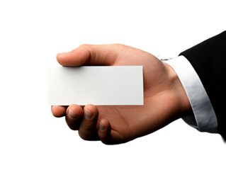 Hand in a suit presenting white blank business card on Transparent Background, PNG