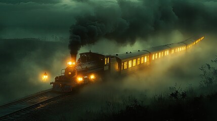 Fototapeta premium Vintage steam train traveling through a misty countryside at dusk, with glowing lanterns and billowing smoke. Dramatic lighting highlights the locomotive's intricate design. Generative AI