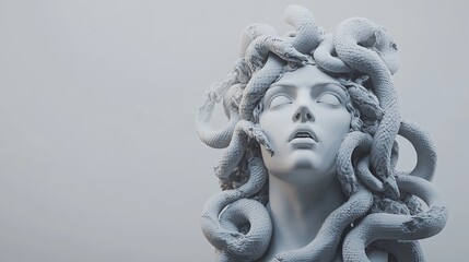 Medusa Statue with Snakes for Hair Against White Background