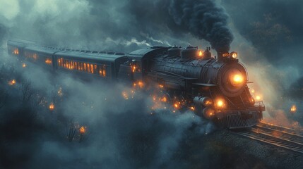 Vintage steam train traveling through a misty countryside at dusk, with glowing lanterns and billowing smoke. Dramatic lighting highlights the locomotive's intricate design. Generative AI