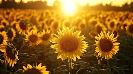 Obraz premium Field of vibrant sunflowers basking in golden sunlight during a warm summer evening. A serene natural scene with soft focus on the glowing petals and clear skies. Generative AI