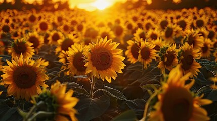 Fototapeta premium Field of vibrant sunflowers basking in golden sunlight during a warm summer evening. A serene natural scene with soft focus on the glowing petals and clear skies. Generative AI