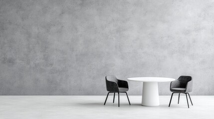 Empty room with gray wall and white table, two chairs.  Possible use in interior design catalog