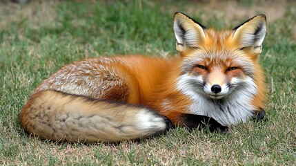 Obraz premium Red fox resting on green grass, relaxed animal portrait in sunny outdoors, wildlife background for nature prints