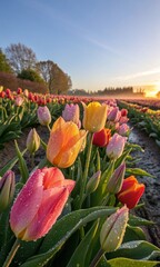 A stunning tulip field at sunrise, featuring vibrant pink, yellow, and red blooms with dew drops sparkling on the petals. Perfect for spring-themed designs and greetings.
