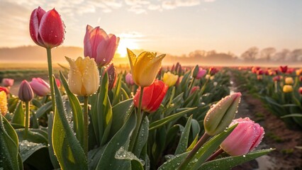 A vibrant tulip field at sunrise with colorful blossoms in shades of pink, yellow, and red. Dewdrops sparkle on the petals, capturing the beauty of spring. Ideal for seasonal themes.
