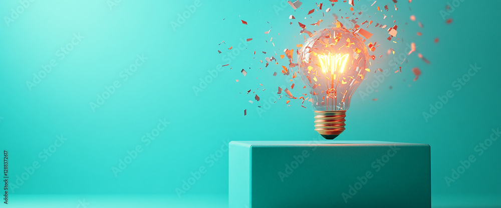 Poster a glowing lightbulb breaking into fragments above a teal-colored box, symbolizing the concept of new