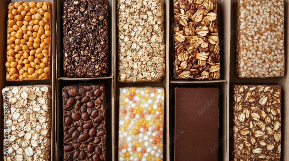 Poster a top-down shot of a box of healthy processed meal replacement bars with an empty space for customiz