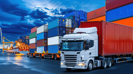 White truck carrying cargo container leaving industrial port at dusk