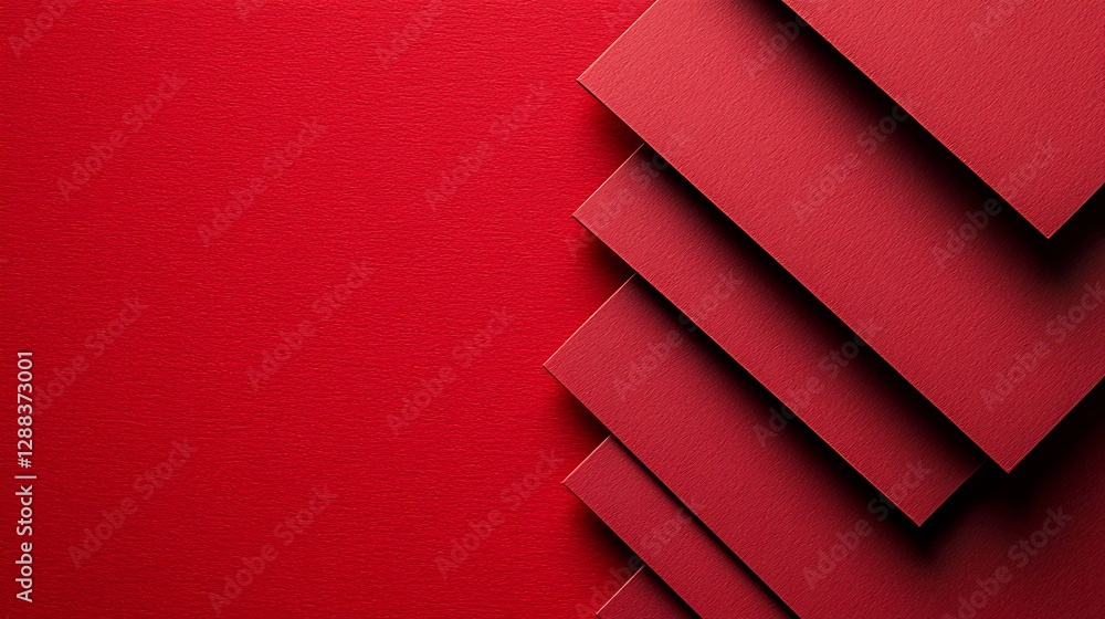 Aufkleber red geometric arrangement with paper layers, on a plain solid red surface background, abstract desig